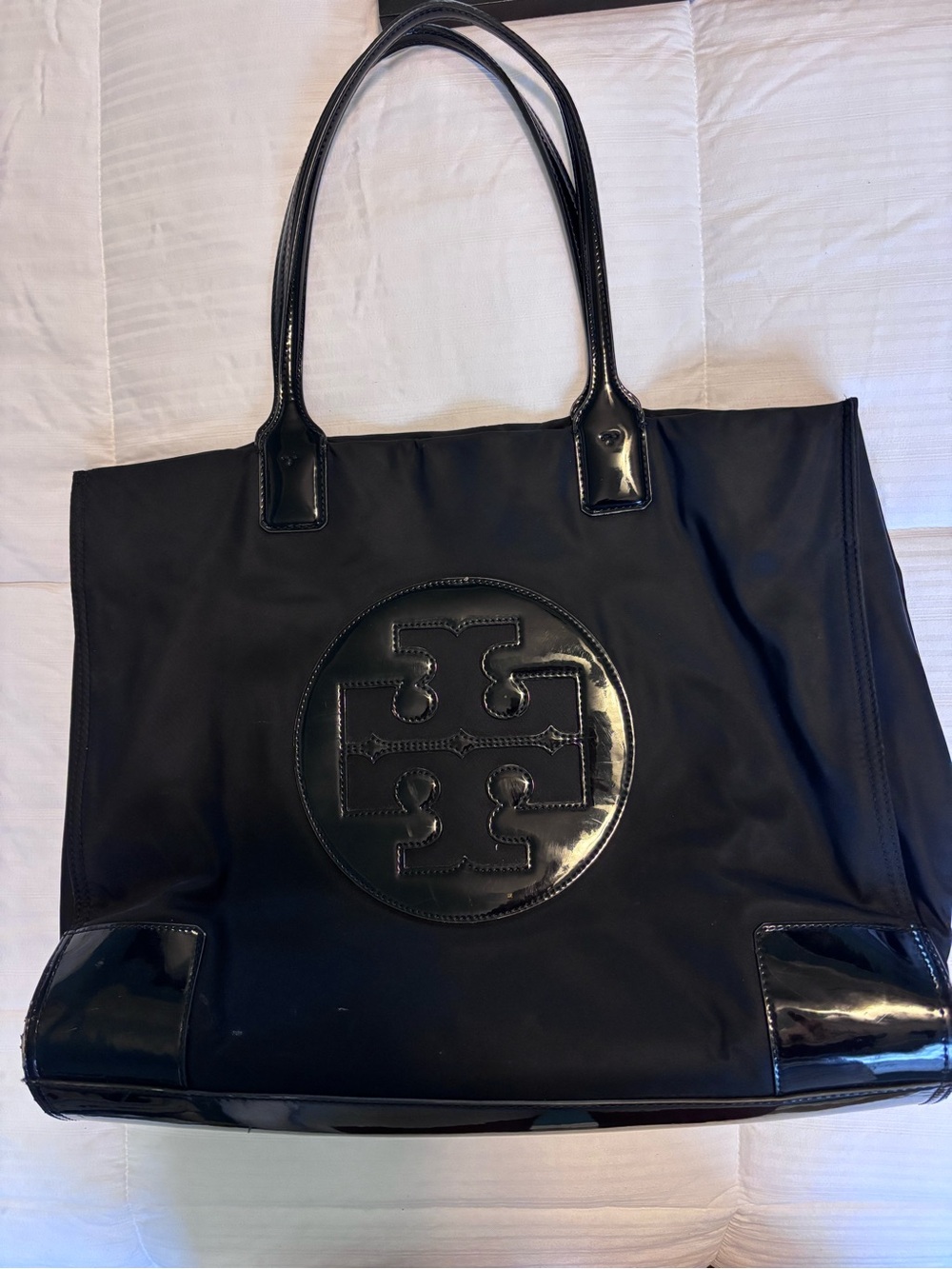Tory Burch Black Nylon Tote with Patent Trim Large